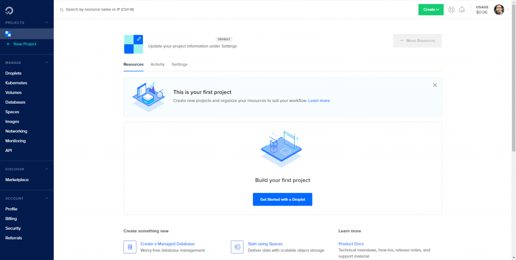 Digital Ocean Dashboard - NGINX Web Server Droplet